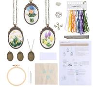 SUNNYCLUE DIY 3 Sets Embroidery Necklace Kits Embroidery Necklace Pendant with Paper Instructions Flower Pattern Cloth Thread Needle Hoops Mini Cross Stitch Kit for Beginner Starter Adult handmde Gift