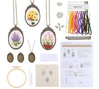 SUNNYCLUE DIY 3 Sets Embroidery Necklace Kits Embroidery Pendant with Paper Instructions Embroidery Cloth Thread Needle Cross Stitch Hoop Flower Mini Cross Stitch Kit for Beginners Starter Adult Craft