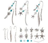 SUNNYCLUE DIY 6 Set Ocean Metal Hook Bookmarks Making Kit 6pcs Leaf Tibetan Style Alloy Bookmark with Starfish Shell Alloy Pendants & Turquoise Beads for DIY Alloy Bookmark Making,4.6inch Long