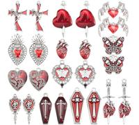 SUNNYCLUE Gothic Charms Set - 24Pcs 12 Styles Red Heart, Organ, Wing, Coffin, Skull, Butterfly, Moth Halloween Jewellery Making DIY Bracelet Earrings Party Decoration