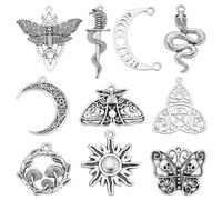 SUNNYCLUE Pack of 40 10 Styles Gothic Charms Tarot Charms Bulk Goth Tibetan Antique Silver Moth Butterfly Skull Moon Phase Snake Magic Charm Bulk for Jewellery Making Charm Earring