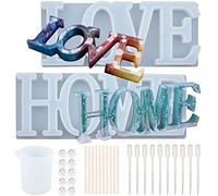 SUNNYCLUE Word Sign Molds Love Home Silicone Mold Epoxy Resin Molds with Measuring Cup Birch Wooden Craft Sticks Latex Finger Cots Plastic Transfer Pipette for Epoxy Craft DIY Table Decoration