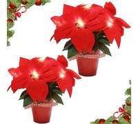 Sunnyglade 2 Pack Lighted Poinsettia Flowers Pre-Lit Artificial Poinsettias Plants in Pot Silk Fake Poinsettias Arrangements for Home Office Christmas Decoration (Red)