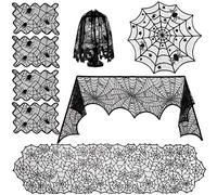 Sunnyglade 8 Pack Halloween Spider Cobweb Lace Tablecloth Set,Fireplace Mantel Scarf & Lace Table Runner & Round Table Cover & Spider Lampshade & Rectangular Placemat for Halloween Party Decorations