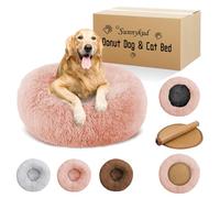 Sunnykud Calming Donut Dog Bed Medium Size Removable Cover + 2 PCS Cooling Rattan Pet Mat, Fluffy Comfort Anti-Anxiety Washable Round Pets Bed with Double-Sided Cool Pad for Medium Dogs/Cat, 31" Pink