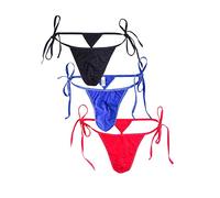 Sunnymorn Mens Ice Silk String Side Tie T-Back Thongs Brief Underwear, Black/Blue/Red, One Size