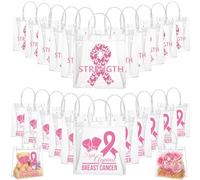 Sunnymove 24 Pcs Breast Cancer Awareness Gift Bags with Handles Bulk Clear Breast Cancer Tote Bags Pink Ribbon Transparent Reusable PVC Bag for Women Charity Event Survivor Campaign Party Supplies