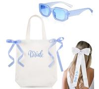 Sunnymove 3 Pcs Blue Bride Gift Set White Canvas Tote Bag with Bow Bride to Be Hair Bow Something Blue Bridal Shower Favor Accessories for Wedding Bridesmaid Bachelorette Party Supply