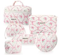 Sunnymove 6 Pcs Quilted Cotton Make up Bag for Women Large Small Travel Cosmetic Bag Set Pink Bow Floral Toiletry Organizer Aesthetic Cloth Storage Pouch for Purse