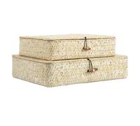 SUNNYNEST 2-Pack Seagrass Storage Box Storage Baskets with Lids,Rectangular Wicker Shelf Baskets,Natural Handwoven Stackable Organizer Bins for Shelves-Large (33x28x8cm)+Small (27x23x7cm) (Off-white)