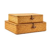 SUNNYNEST 2-Pack Seagrass Storage Box Storage Baskets with Lids,Rectangular Wicker Shelf Baskets,Natural Handwoven Stackable Organizer Bins for Shelves-Large (33x28x8cm)+Small (27x23x7cm) (Natural)