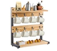 SUNNYNEST 2-Tier Mug Tree with Storage Base, 8-Hook Coffee Mug Holder Stand for Kitchen Counter (Original Wood with partitions)