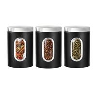 SUNNYNEST 3 Piece Kitchen Canister Set, Stainless Steel Tea Coffee Sugar Storage Jars with Airtight Lids & Viewing Window, Food Storage Containers for Dry Foods, 17 x 11 cm, Black