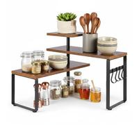 SUNNYNEST 3-Tier Adjustable Countertop Organizer Spice Rack, Corner Shelf with 4 Hooks, Rustic Kitchen Counter Organizer for Coffee Bar, Bathroom, Cabinet, Desk (Brown)
