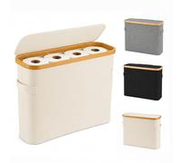 SUNNYNEST 30L Toilet Paper Storage Basket with Lid, Slim Toilet Roll Holder with Bamboo Frame, Foldable Bathroom Storage Bin for 9-12 Rolls, Space-Saving Organizer(White with Handle)
