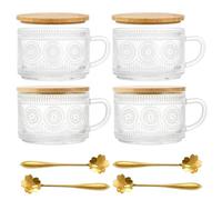 SUNNYNEST 4PCS Vintage Glass Coffee Mugs with Bamboo Lids & Spoons, Embossed Clear Cups for Latte Tea Overnight Oats, Stackable Breakfast Jars for Kitchen & Gifts