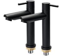 SUNNYNEST Black Basin Pillar Taps Pair, Twin Hot & Cold Bathroom Sink Taps, 1/4 Turn Modern Round Cloakroom Taps, Matte Black Stainless Steel, with Flexible Hoses