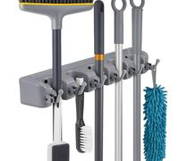 SUNNYNEST Broom Mop Holder Wall Mounted, Broom Storage with 5 Slots and 6 Hooks, Room Storage for Broom, Kitchen, Bathroom, Garage Garden Tool Organiser 1 Pack Grey
