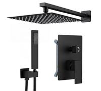 SUNNYNEST Concealed Shower Set Black, 2 Function Rainfall Shower System with Square Shower Head, Brass Single Lever Shower Mixer Valve, Stainless Steel Handheld Spray Head for UK Bathroom (Black)