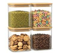 SUNNYNEST Glass Storage Jars with Bamboo Lids Set of 4, 900ML Airtight Square Kitchen Canisters, Clear Pantry Containers for Flour, Rice, Pasta, Cereal, Coffee & Sugar