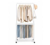 SUNNYNEST Heavy Duty Rolling Clothing Rack with Top Hanging Rod Bottom Storage Shelf Minimalist Metal Garment Rack Organizer for Bedroom Space Saving Open Wardrobe Closet Storage (White)