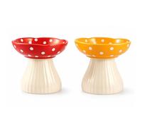 SUNNYNEST Mushroom Raised Ceramic Cat Bowl - Elevated Cat Food Bowl, Anti-Vomit Wide Shallow Feeding Dish with Stand, Anti-Whisker Fatigue, Neck-Friendly Cat Bowl for Cats(Red or Yellow)15 × 13.5cm
