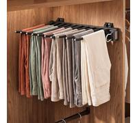 SUNNYNEST Pull Out Pants Rack with 10 Arms, 46cm Extendable Telescopic Clothes Rail, Sliding Wardrobe Trouser Hanger, Stainless Steel & Aluminum Alloy, Adjustable Wardrobe Rail (Black)