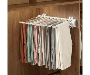 SUNNYNEST Pull Out Pants Rack with 10 Arms, 46cm Extendable Telescopic Clothes Rail, Sliding Wardrobe Trouser Hanger, Stainless Steel & Aluminum Alloy, Adjustable Wardrobe Rail (White)