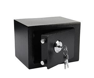 SUNNYNEST Safe Box 23x17x17 cm comes with accessories and 3 keys. It securely stores cash and documents, is lockable, and suitable for home and office use.