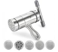 SUNNYNEST Stainless Steel Noodle Maker Manual Pasta Press Machine with 5 Noodle Moulds, Hand Operated Pasta Maker for Spaghetti, Ramen, Udon, Rice Noodles & Fresh Homemade Pasta, Kitchen Tool Silver