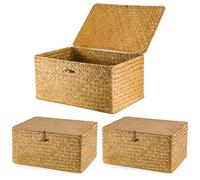 SUNNYNEST Storage Boxes with Lids 40x28x19cm Seagrass Storage Basket with Lid Woven Wicker Desktop Basket Gift Hamper for Living Room Decorative Bathroom (3-Caramel)