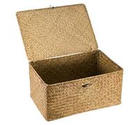 SUNNYNEST Storage Boxes with Lids 40x28x19cm Seagrass Storage Basket with Lid Woven Wicker Desktop Basket Gift Hamper for Living Room Decorative Bathroom (Brown)