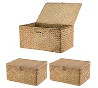 SUNNYNEST Storage Boxes with Lids 40x28x19cm Seagrass Storage Basket with Lid Woven Wicker Desktop Basket Gift Hamper for Living Room Decorative Bathroom (3-Brown)