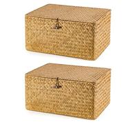 SUNNYNEST Storage Boxes with Lids 40x28x19cm Seagrass Storage Basket with Lid Woven Wicker Desktop Basket Gift Hamper for Living Room Decorative Bathroom (2-Caramel)
