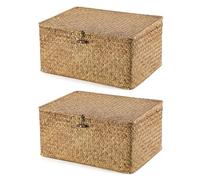 SUNNYNEST Storage Boxes with Lids 40x28x19cm Seagrass Storage Basket with Lid Woven Wicker Desktop Basket Gift Hamper for Living Room Decorative Bathroom (2-Brown)