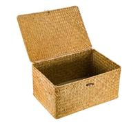 SUNNYNEST Storage Boxes with Lids 40x28x19cm Seagrass Storage Basket with Lid Woven Wicker Desktop Basket Gift Hamper for Living Room Decorative Bathroom (Caramel)