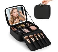 SUNNYNEST Travel Makeup Organizer Bag with LED Mirror - 3 Lighting Modes & Adjustable Dividers, Portable Vanity Case for Women (Brushes, Jewelry, Toiletries) (Black)
