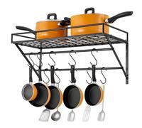 SUNNYNEST Wall Mounted Kitchen Utensil Rack with 6 Stainless Steel Hooks, Organizer Shelf for Pots, Pans & Cutlery