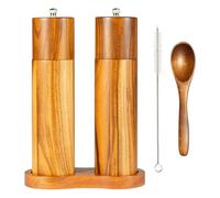 SUNNYNEST Wooden Salt Pepper Grinder Set with Base Spoon Cleaning Brush Adjustable Coarseness Refillable Manual Mills for Home Kitchen