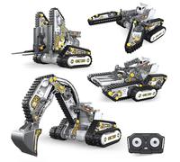 SunnyOcean RC Assembled Engineering Vehicle, 4-in-1 Construction Vehicle Building Set with Remote Control, Excavator, Clamp Truck, Forklift, Tank, 176-Piece Assembled Toy, STEM Engineering Kit