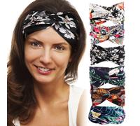 Sunolkie 6 Pack Women’s Wide Headbands - Floral Print Crossover Hair Bands, Elastic Yoga Running Headbands for Women Girls