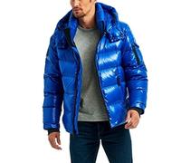 sunongvt Shiny Down Jacket for Men,Winter Waterproof Hooded Full Zip Warm Puffer Jacket Windproof Stand Collar Casual Coat,Blue,L