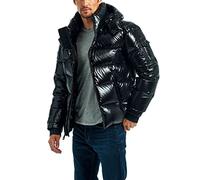 sunongvt Shiny Down Jacket for Men,Winter Waterproof Hooded Full Zip Warm Puffer Jacket Windproof Stand Collar Casual Coat,Black,3XL