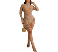 sunongvt Women's Sexy Hot Drilling Party Dress Long Sleeve Irregular Feather Hem See Through Bodycon Mini Dress for Night Cocktail Club,Apricot,S