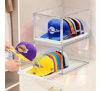 sunoyar Clear Hat Organizer Box with Drawer, Stackable Baseball Cap Container Storage Bin, Hats Display Case with Sliding Tray & Magnetic Door Each Holds 16-20 Hats 2Pack