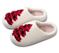 Sunporx Christmas House Fuzzy Slippers for Women Men Memory Foam Warm Slip-on Winter Anti-slip Indoor and Outdoor Moccasin Slippers Gift Unisex