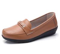 Sunporx Women Classic Leather Loafers Comfortable Penny Slip on Breathable Lightweight Wedge-Heeled Dress Office Business Casual Work Walking Moccasins Shoes Brown
