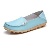 Sunporx Womens Comfortable Leather Loafers Driving Moccasins Breathable Openwork Non-Slip Soft Casual Work Nurse Round Toe Walking Shoes Light Blue 2 UK