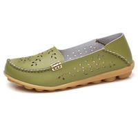 Sunporx Womens Comfortable Leather Loafers Driving Moccasins Breathable Openwork Non-Slip Soft Casual Work Nurse Round Toe Walking Shoes Grass Green(Openwork) 5.5