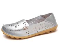 Sunporx Womens Comfortable Leather Loafers Driving Moccasins Breathable Openwork Non-Slip Soft Casual Work Nurse Round Toe Walking Shoes Silvery(Openwork) 7.5